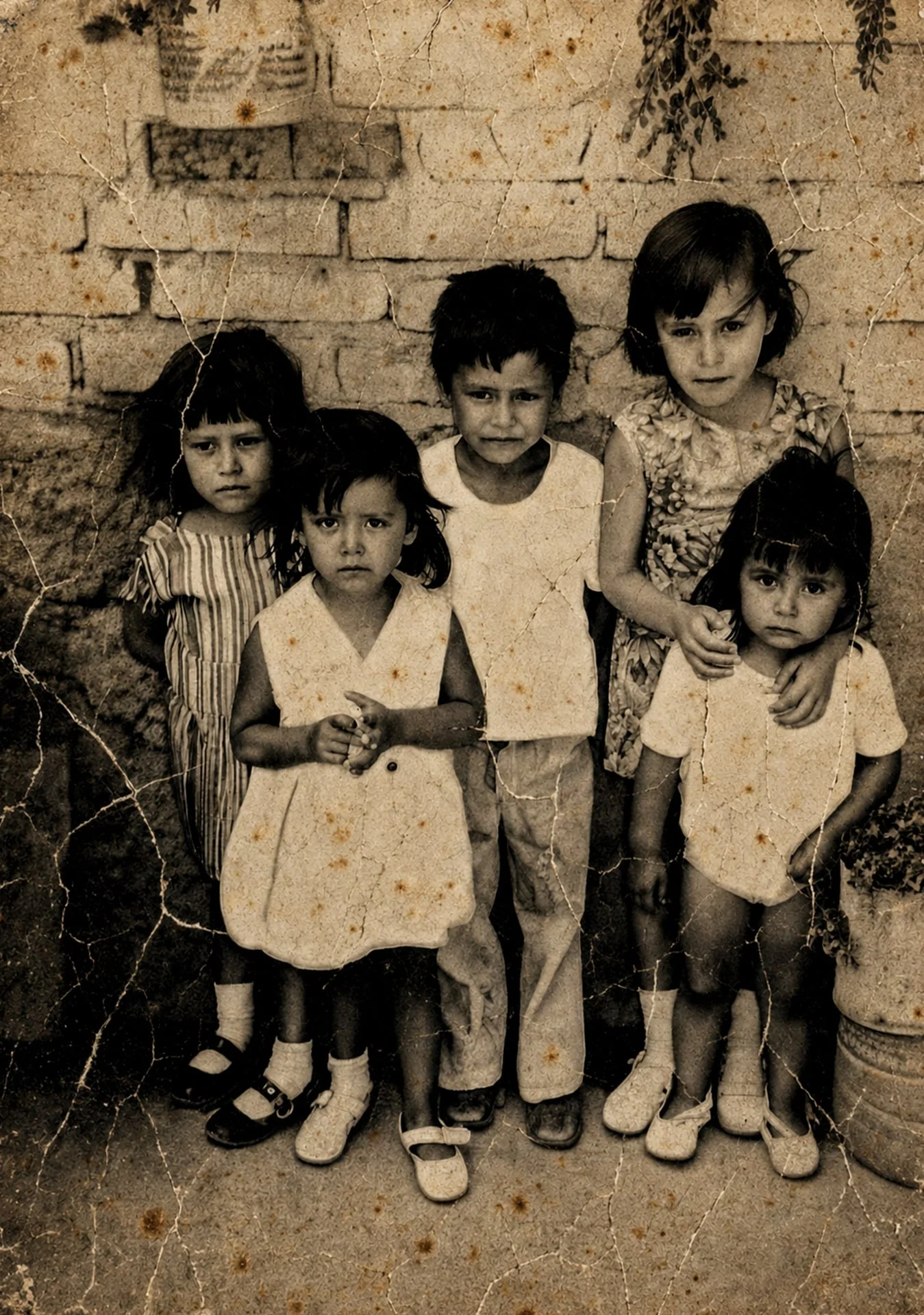 Fotografía familiar antigua original con grietas, humedad y hongos foxing